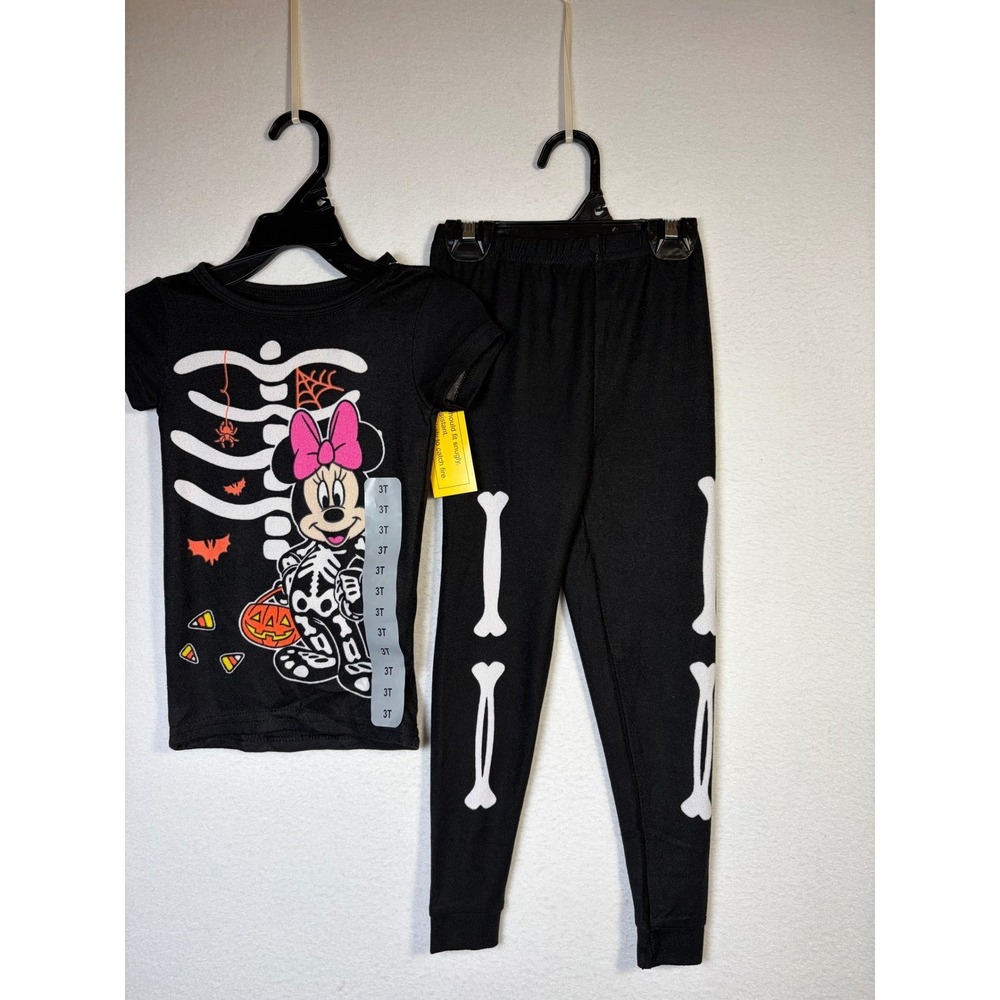 Disney Pajama Set Girls Size 3 Black New Minnie Mouse Skeleton Halloween Bone
